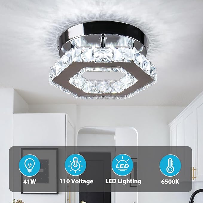 Mini Chandelier Crystal LED Ceiling Light Fixture Modern Pendant Lamp Semi Flush Mount Crystal Ceiling Lighting for Hallway Staircase Staircase Kitchen Bedroom Dinning Room(Cool White)