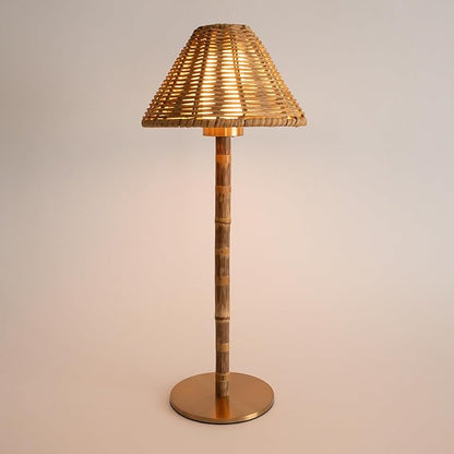 Bamboo Cordless LED Table Lamp – Rechargeable 24-Hour Battery, Dimmable Warm Light, 15" Portable Wireless Lamp with Remote for Indoor/Outdoor Use, Home, Patio, Restaurant – Natural Rattan