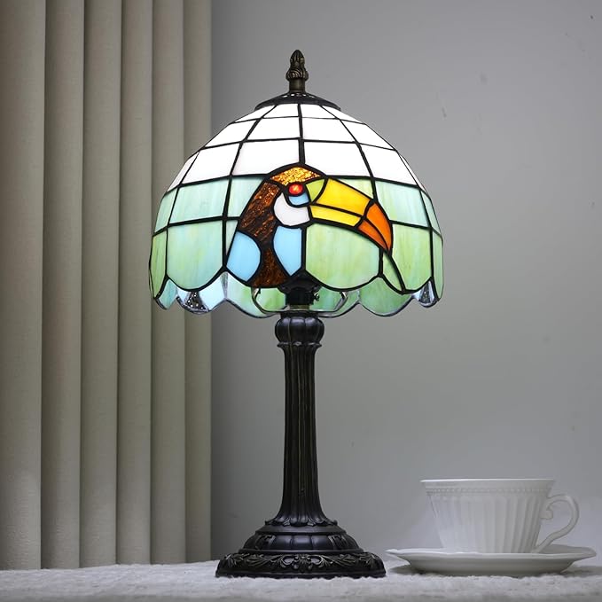 Tiffany Style 8 Inch Big-Billed Bird Stained Glass Table Lamp,Handmade Accent Lamp With Resin Base Retro Night Light For Bedroom, Office Living Room,Restaurant Farmhouse Decor Ambient Lighting