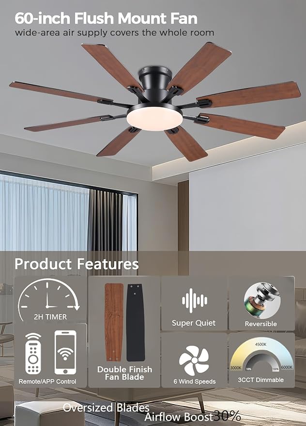 JSAITEE 60Inch Ceiling Fan with Lights and Remotes, Large Low Profile Flush Mount Ceiling Fans,DC Reversible Motor, 3CCT Dimmable,Noiseless,Dual Finish, Brown 6 Speeds Ceiling Fan for Indoor/Outdoor