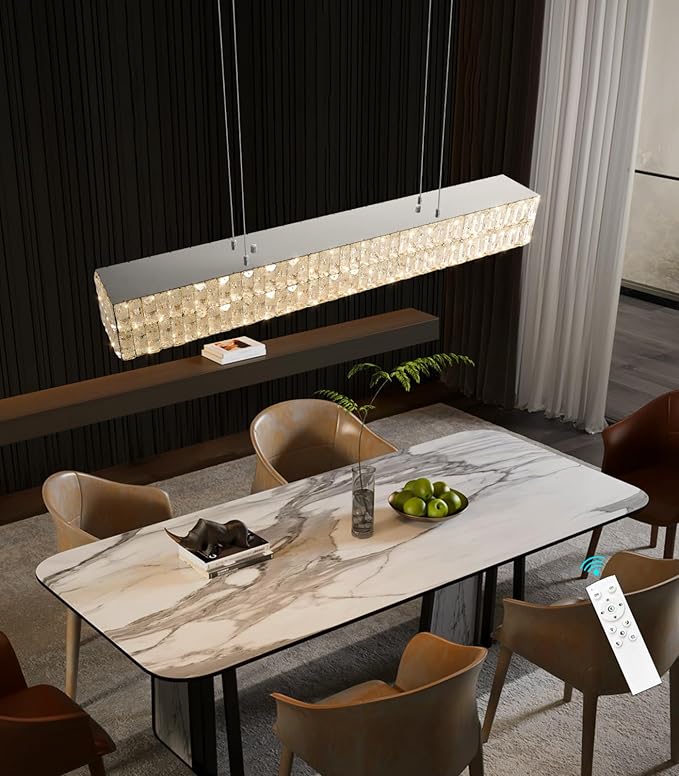 47 Inch Rectangular Crystal Chandelier Glam Dimmable LED Chandeliers for Dining Room Linear Pendant Light with Remote Control for Kitchen Island Silver