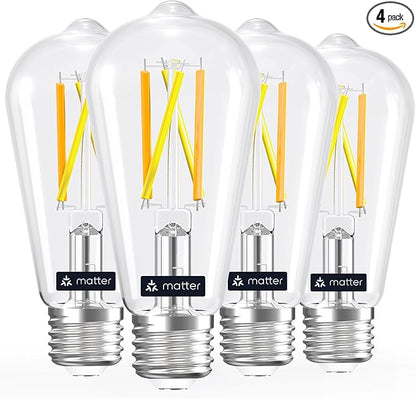 Linkind Matter Smart Light Bulb, ST19 (ST58) Smart Edison Bulbs, 2700K-6500K E26 LED Bulb 8W 60W, 800LM Edison Light Bulb, Work with Alexa, Google Home, Apple Home, SmartThings, 2.4GHz WiFi, 4-Pack