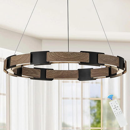 LED Ring Chandelier Dimmable Black & Wood Chandelier for Dining Room 24in Circular Chandeliers Light Modern Round LED Chandeliers Light Fixture for Entry Bedroom Kitchen Home Office Living Room