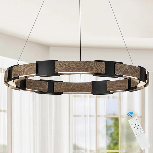 LED Ring Chandelier Dimmable Black & Wood Chandelier for Dining Room 24in Circular Chandeliers Light Modern Round LED Chandeliers Light Fixture for Entry Bedroom Kitchen Home Office Living Room
