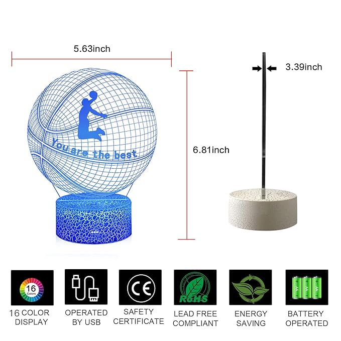 Dunk Basketball 3D Night Light,16 Color Change&Dimming by Remote Control or Smart Touch Optical Illusion Bedside Lamps,Sports Decor for Boys bedroom Girls Kids Teens Birthday Chrismas Gifts Xmas Gift