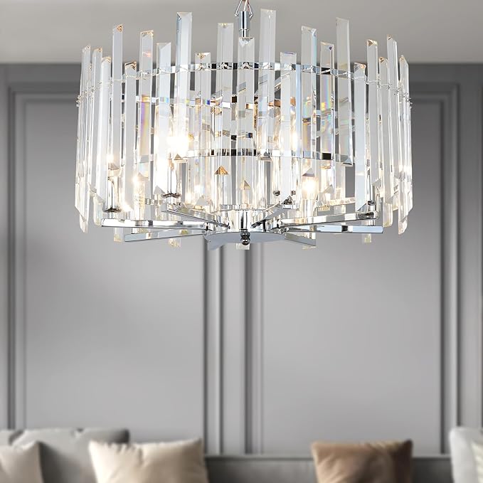Chrome Crystal Chandeliers for Dining Room, 20" Modern Raindrop Round Pendant Ceiling Lights Fixture Living Room Entryway Bedroom 8 Light