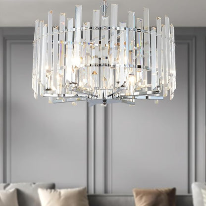 Chrome Crystal Chandeliers for Dining Room, 20" Modern Raindrop Round Pendant Ceiling Lights Fixture Living Room Entryway Bedroom 8 Light