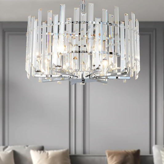 Chrome Crystal Chandeliers for Dining Room, 20" Modern Raindrop Round Pendant Ceiling Lights Fixture Living Room Entryway Bedroom 8 Light