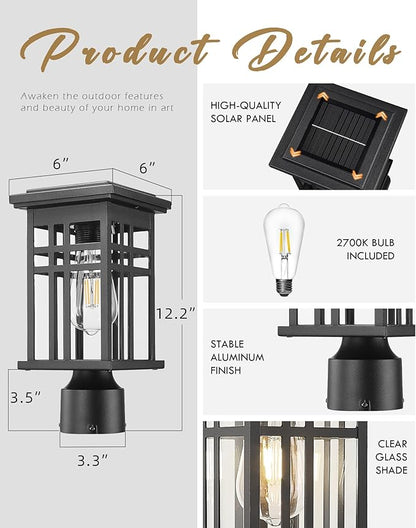 Dusk to Dawn Solar Outdoor Post Light, HWH 2 Pack Solar Post Lights for Yard Garden, Patio Pole Lamps Post with Remote, Clear Glass Shade, 5HD36P-2 SL BK