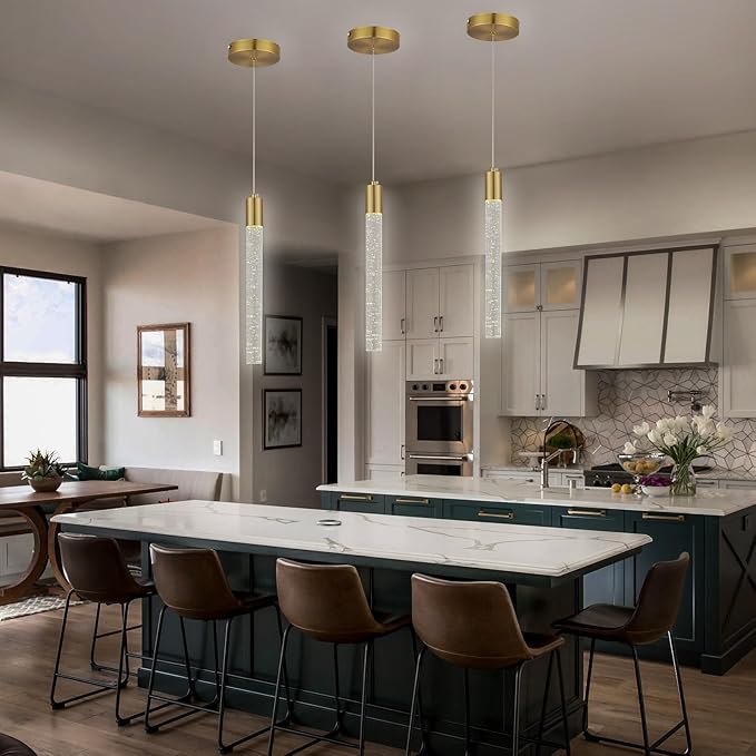 3 Pack Gold Bubble Crystal Pendant Lights for Kitchen Island, Modern Mini Chandelier Set with Integrated LED, Adjustable Hanging Crystal Rod Pendant Lighting for Dining Room Bar Counter