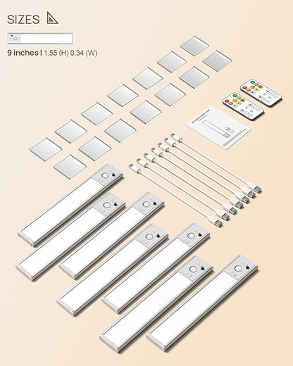 9inch Under Cabinet Lighting Wireless, Rechargeable Motion Sensor Indoor Light, 3 Color Temps & Dimmable Closet Lights with Remote, Magnetic Under Counter Light for Kitchen, Stairs, Wardrobe, 7 Pack