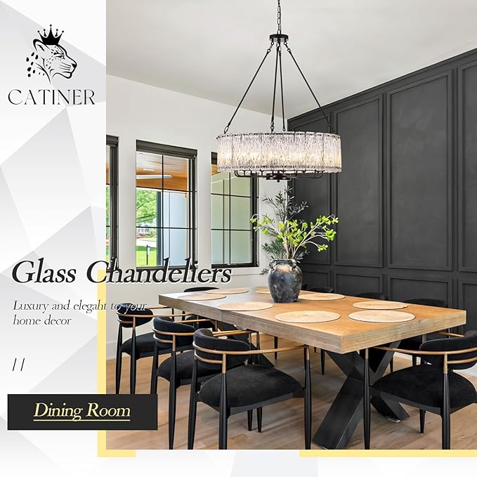 CATINER 12-Light Crystal Glass Chandeliers Modern 30" Black Drum Chandelier Luxury Ceiling Pendant Light Fixture for Living Room Dining Room Kitchen Foyer Bedroom