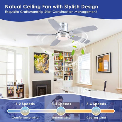 Hounberi 50 Inch Low Profile Ceiling Fans with Lights and Remote, Modern Flush Mount Brushed Nickel Ceiling Fan, 3CCT, Dimmable, Quiet DC Reversible Motor, for Bedroom Living Room Indoor/Outdoor Use