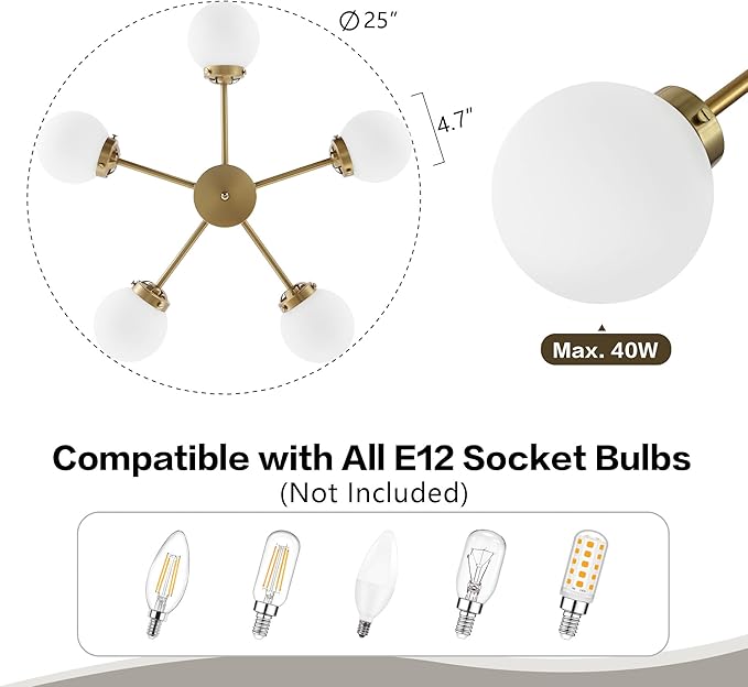 WINGBO 5-Light Sputnik Chandelier, Modern Pendant Light Fixture with 4.7" Opal White Glass Globe Shade for Flat and Slop Ceiling, Height Adjustable for Kitchen Living Room Dining Room Bedroom, Gold