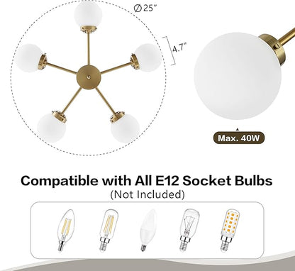 WINGBO 5-Light Sputnik Chandelier, Modern Pendant Light Fixture with 4.7" Opal White Glass Globe Shade for Flat and Slop Ceiling, Height Adjustable for Kitchen Living Room Dining Room Bedroom, Gold