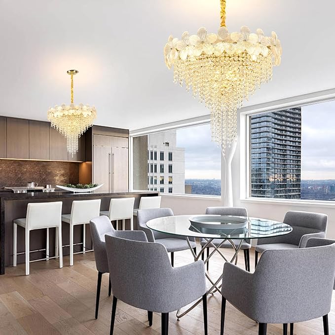 Gold Crystal Chandelier, 23.6" Luxury Flower Round Contemporary Chandeliers, 9-Light Adjustable Height Ceiling Fixture Elegant Modern Chandelier for Dining Room, Living Room, Staircase