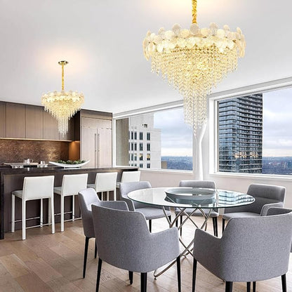 Gold Crystal Chandelier, 23.6" Luxury Flower Round Contemporary Chandeliers, 9-Light Adjustable Height Ceiling Fixture Elegant Modern Chandelier for Dining Room, Living Room, Staircase
