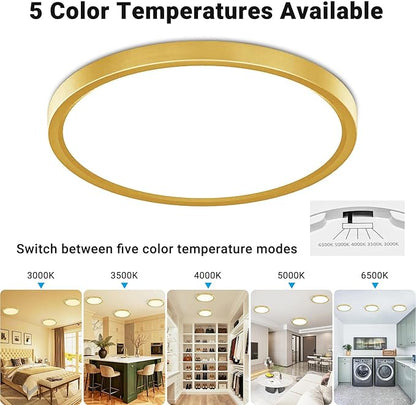 2 Pack LED Flush Mount Ceiling Light,7Inch 15W,3000K/3500K/4000K/5000K/6500K 5 Color Temperatures Ceiling Light Fixture for Kitchen Porch Hallway Bedroom Bathroom and Closet,Brushed Gold