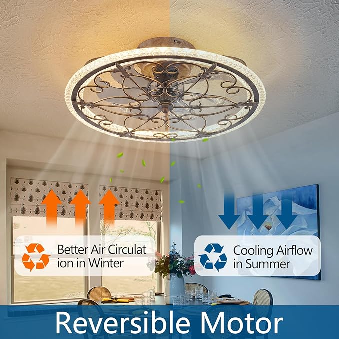 Rustic Caged Ceiling Fan with Lights Remote Control, Retro Industrial Ceiling Fan with Light for Kitchen Bedroom Living Room
