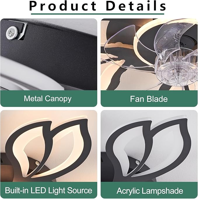 Modern Ceiling Fans with Lights, Low Profile Ceiling Fan with Remote for Bedroom, Flush Mount Ceiling Fan with LED Dimmable Light,3-Colors, 6-Speeds, Timing CeilingFan Light-Black Leaves