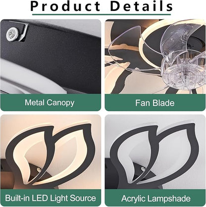 Modern Ceiling Fans with Lights, Low Profile Ceiling Fan with Remote for Bedroom, Flush Mount Ceiling Fan with LED Dimmable Light,3-Colors, 6-Speeds, Timing CeilingFan Light-Black Leaves