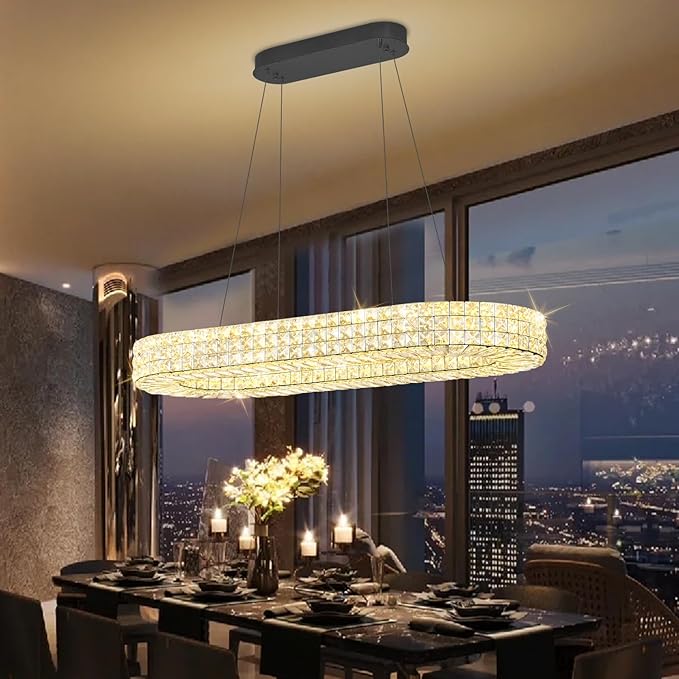 ykolupty Modern Crystal Chandelier, Dia 40" Rectangular Chandelier for Dining Room,Black Rectangle Crystal Ceiling Light Luxury Oval Chandeliers for Living Room Kitchen Island