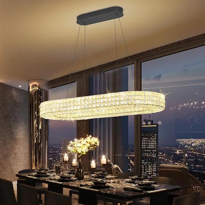 ykolupty Modern Crystal Chandelier, Dia 40" Rectangular Chandelier for Dining Room,Black Rectangle Crystal Ceiling Light Luxury Oval Chandeliers for Living Room Kitchen Island