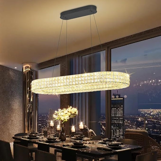 ykolupty Modern Crystal Chandelier, Dia 40" Rectangular Chandelier for Dining Room,Black Rectangle Crystal Ceiling Light Luxury Oval Chandeliers for Living Room Kitchen Island