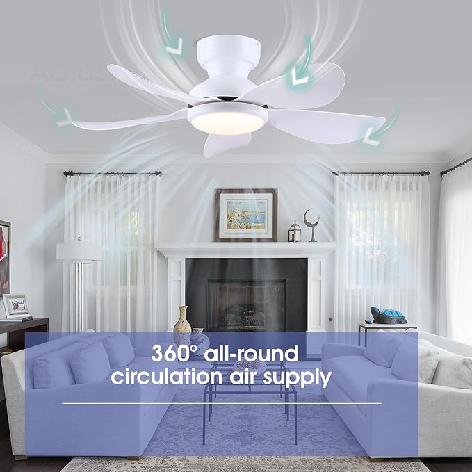 Kviflon 36 Inch Modern Ceiling Fans with Lights, Small Flush Mount Ceiling Fans, Remote/APP Control, 5 Reversible Curved Blades, 6 Speeds, 3 CCT Dimmable Lights for Kitchen Bedroom, White