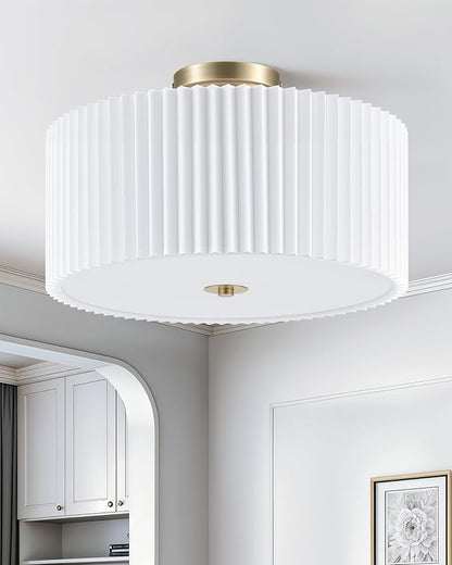 VONLUCE Semi-Flush Mount Ceiling Light, 15.7" Modern 3-Light Ceiling Light Fixture with White Pleated Drum Shade 3 E26 Sockets for Bedroom Entryway Living Room, Bronze Finish, ETL Certificated