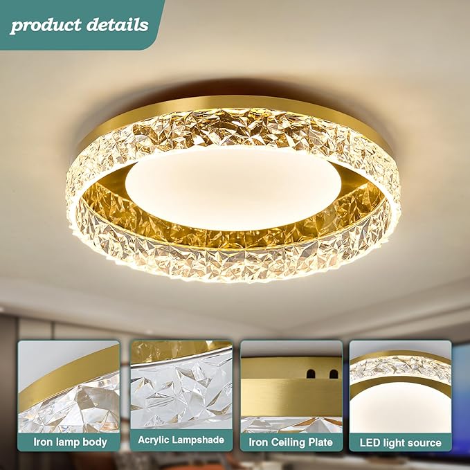 ZGLAOJT Gold Led Flush Mount Ceiling Light Modern 40w 3000k-6000k Light Fixture 15.7inch Bathroom Round Ceiling Lamp for Kitchen Bedroom Entryway Hallway Living Room.