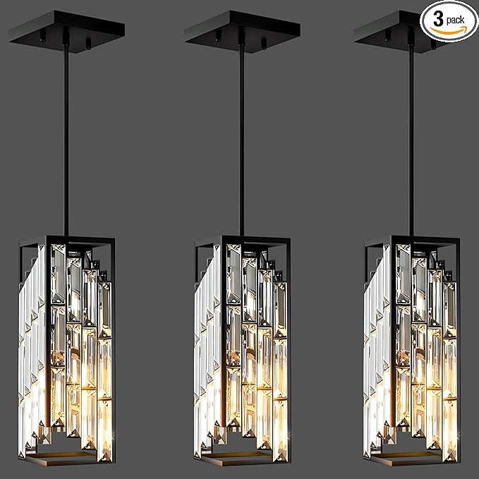 Black Pendant Lights Kitchen Island 3 Pack, Mini Crystal Chandeliers, Modern Pendant Lights Ceiling Lighting Fixtures for Kitchen Island, Dinning Room, Bedroom