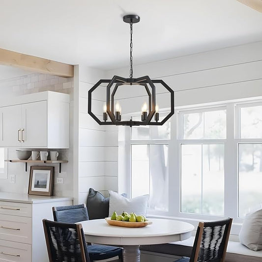 Lanhall 6 Light Farmhouse Chandelier Black Dining Room Light Fixture Modern Rustic Geometric Hanging Pendant Light for Living Room, kitchen Island, Foyer, Entryway, Hallway, Stairway Adjustable Height