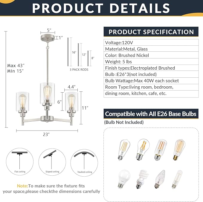 LIGHTDAMY 3 Lights Brushed Nickel Chandeliers for Dining Room Light Fixture Over Table, Entryway Chandelier for Foyer, Hallway Lighting Fixtures with Glass Shade for Kitchen Island Foyer Hallway