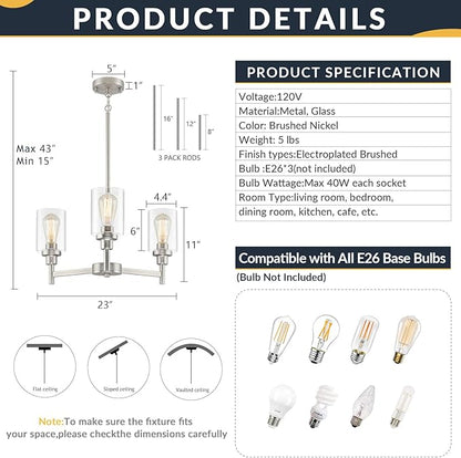 LIGHTDAMY 3 Lights Brushed Nickel Chandeliers for Dining Room Light Fixture Over Table, Entryway Chandelier for Foyer, Hallway Lighting Fixtures with Glass Shade for Kitchen Island Foyer Hallway