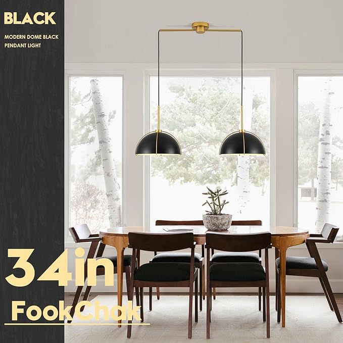 Black Dome Pendant Light 2 Light Socket Large Pendant Light Fixture with Adjustable Pendant Cord Black Gold Pendant Lighting for Kitchen Island Dining Room Kitchen Sink