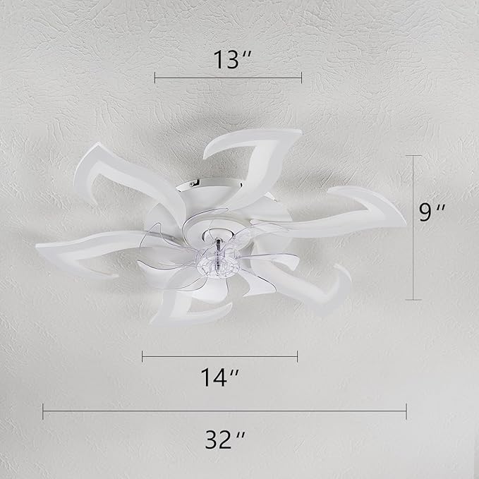 Yfrest Modern Ceiling Fan with Light and Remote, Low Profile 32 Inch White Flush Mount Fandelier Ceiling Fan for Kitchen Bedroom