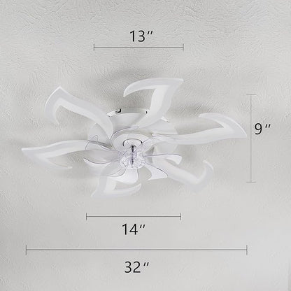 Yfrest Modern Ceiling Fan with Light and Remote, Low Profile 32 Inch White Flush Mount Fandelier Ceiling Fan for Kitchen Bedroom