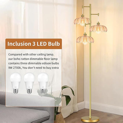 Vintage Floor Lamps for Living Room Bedroom-3 Light Glass Floor Lamp with Three Led Bulb, Flower Tall Floor Lamp Gold Mid Century Modern Standing Lamp Tree Floor Lamps for Living Room Bedroom Corner