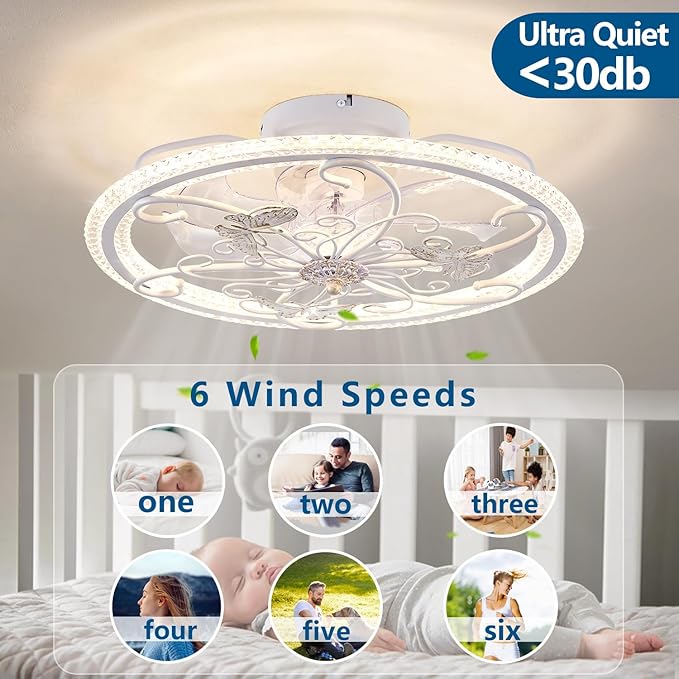 20" White Ceiling Fan with Lights Remote Control, 6 Speeds Retro Industrial Caged Ceiling Fan with Light for Kitchen Bedroom Living Room