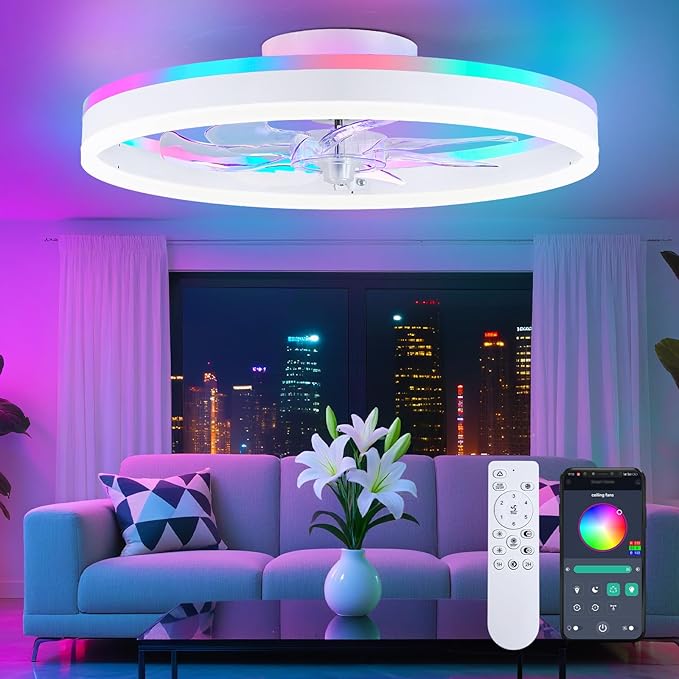 RGB Ceiling Fans with Lights, 16" Fandelier Low Profile Ceiling Fan with Light, Modern Flush Mount Ceiling Fan Light with Remote/APP Control, Bedroom Chandelier Fan Fixture for Indoor(White)