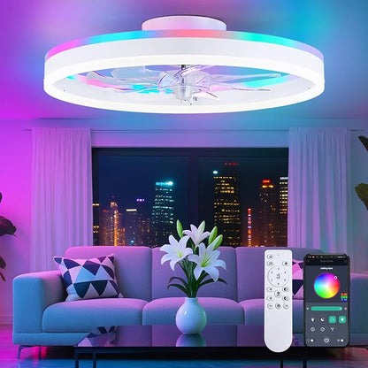 RGB Ceiling Fans with Lights, 16" Fandelier Low Profile Ceiling Fan with Light, Modern Flush Mount Ceiling Fan Light with Remote/APP Control, Bedroom Chandelier Fan Fixture for Indoor(White)