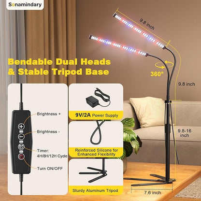 Grow Lights for Indoor Plants, Full Spectrum LED Plant Light with 9.8-35 in Tripod Stand, 120 LEDs 5700K, 4/8/12H Auto Timer, 5 Brightness Levels