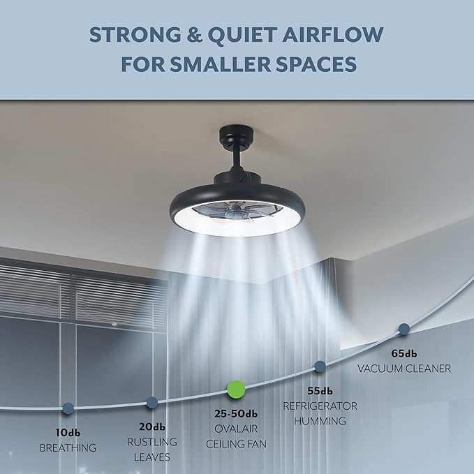 Oval AIR Loren 20" Small Smart Ceiling Fan with Light, Semi Flush Mount, Quiet 6-Speed Reversible Motor, Dimmable LED, Adjustable CCT, App & Remote Control, Modern, Black AIR8002B