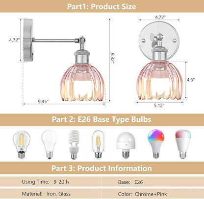 Vintage Battery Operated Wall Sconce, Pink Tulip Glass Lampshade Wireless Rechargeable Battery Powered LED Wall Light with Remote Dimmable for Bedside Bedroom Living Room, Silver, Set of 2
