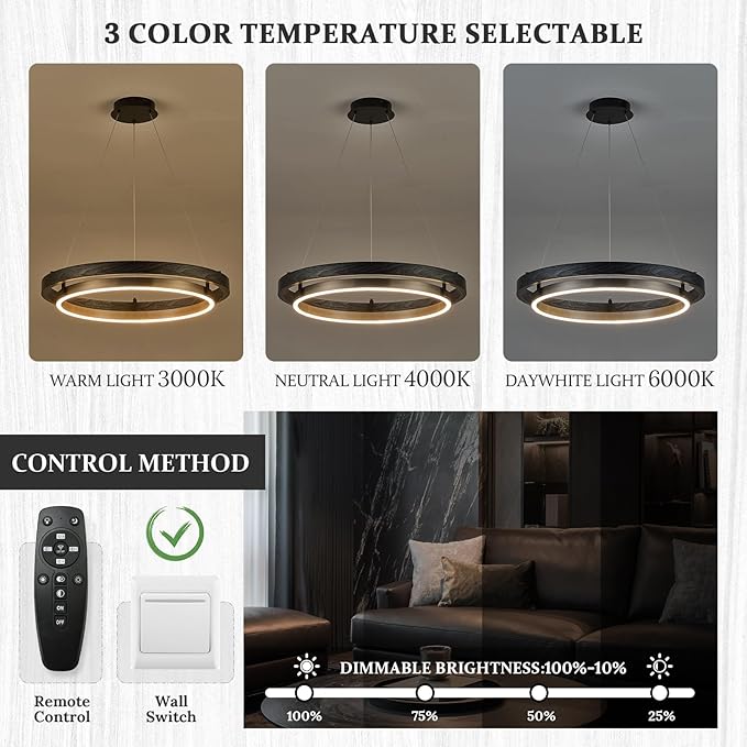 LED Black Ring Chandelier Dimmable Round Chandelier Circular Entryway Chandeliers Light Brushed Nickel Chandeliers for Dining Room Foyer Bedroom Home Office 24in