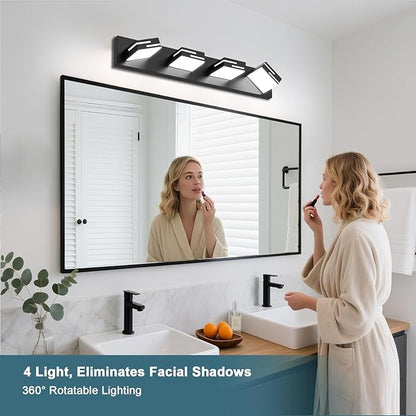 LED Modern Bathroom Vanity Light Fixtures, 4-Light 28-inch Dimmable Matte Black Vanity Lights for Bathroom Lighting Fixtures Over Mirror, with 360° Rotatable Acrylic Heads (Cool White 6000K)