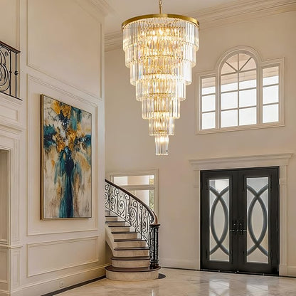 Crystal High Ceiling Chandelier Modern: 30" 7-Tiered Dimmable Staircase Chandeliers - Large Long Gold Hanging Pendant Light Fixture For Entryway Foyer Living Room - Round Flush Mount Ceilings Lights