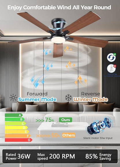 JSAITEE 52Inch Ceiling Fan with Lights and Remotes, Modern Smart Flush Mount Ceiling Fans,DC Reversible Motor, 3CCT Dimmable,Noiseless,Dual Finish, Brown 6 Speeds Ceiling Fan for Indoor/Outdoor