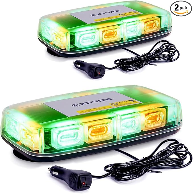 Xprite 2PCS Upgraded 12" 72LED Rooftop Mini Strobe Lights, Emergency Safety Flashing Beacon Light bar with Magnetic Base for 12V-24V Construction Vehicles, Trucks, Snow Plow, Postal Car (Amber/Green)
